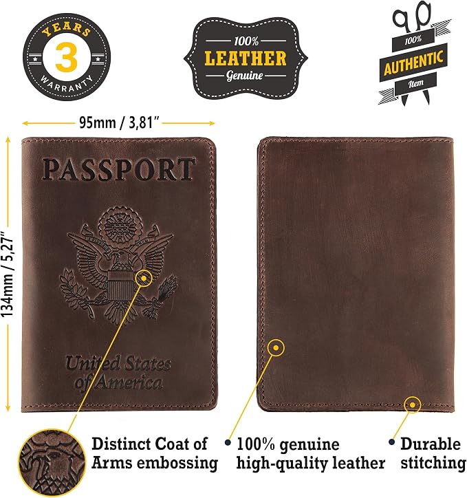 US Leather Passport Book Cover - Thin American Travel Passport Holder - Premium International USA Passport Protector Case for Women Men (Brown Vintage)