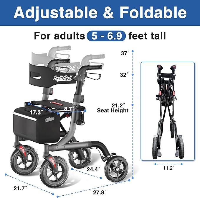 Walkers for Seniors with Seat, Foldable Rollator Walker, Reinforced Aluminum Frame, 10" Big Rubber Wheels for All Terrain, Built-in Cable, Lightweight Rolling Walker, Gray