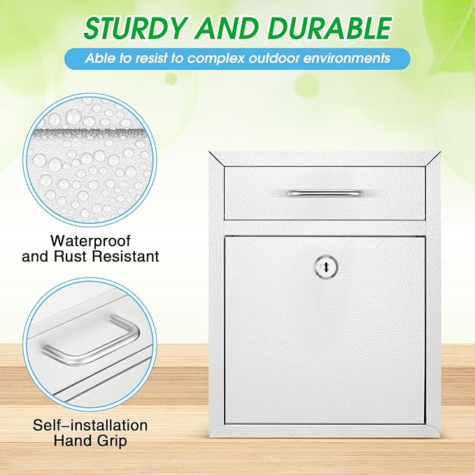 Yaocom Locking Mailbox with Key for Outdoor 10 x 7 x 3 Inches Small Wall Mount Mail Box with Lock Security Mail Drop Metal Collection Boxes Hanging Secure Postbox(Creamy White)