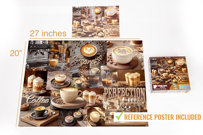 Adult Jigsaw Puzzle 1000 Piece Coffee Latte | Mocha Medley collage design featuring espresso and latte art. — Great for game nights on a table, puzzleboard, or floor.