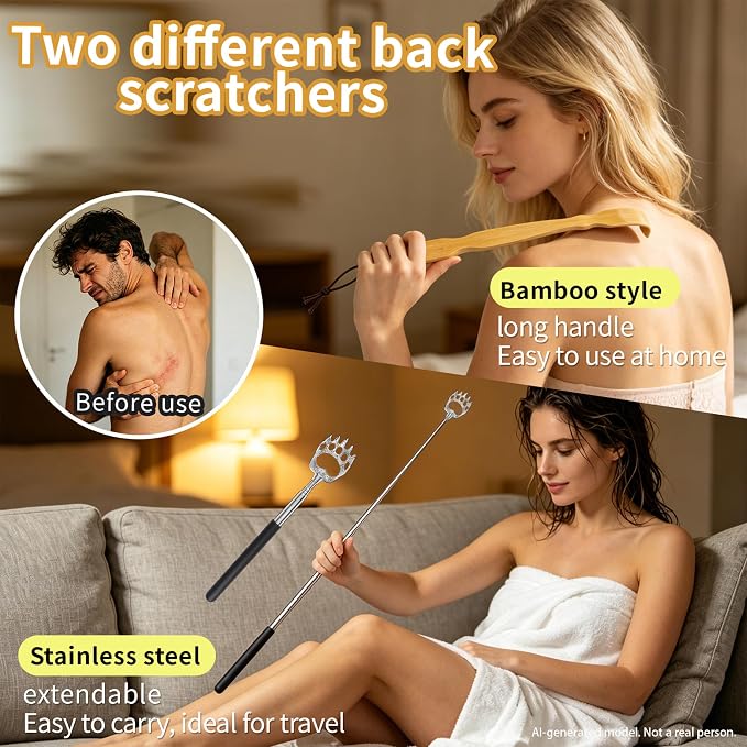 4Pcs Back Scratcher Set, Bamboo & Extendable Stainless Steel | Bear Claw Back Scratcher,BackScratcher Gift for Elderly Men Women Adults (Natural+Black)