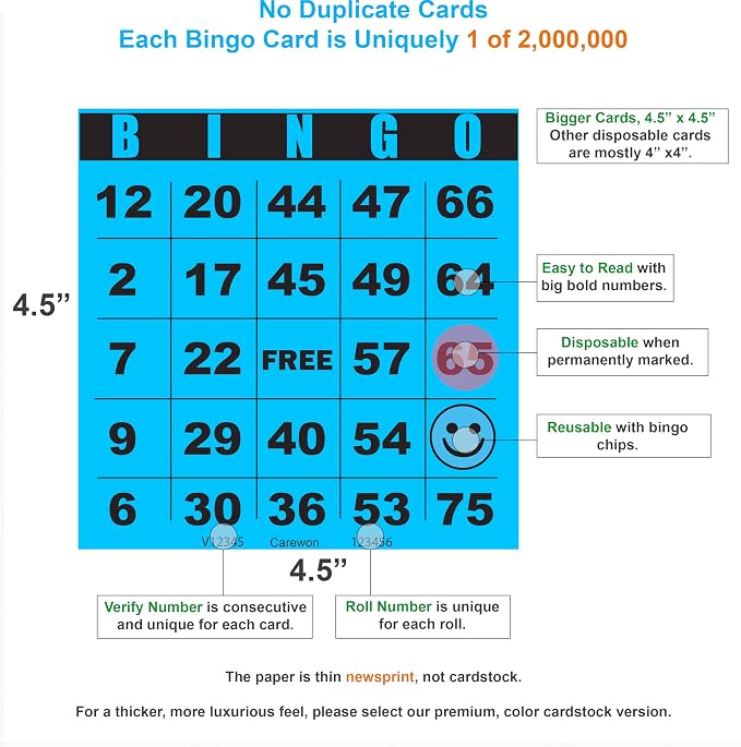 100 Bingo Cards, Large 4.5 x 4.5 Inch, Blue, Paper Bingo Sheets | 8 Color Options, Premium Cardstock, Disposable with Daubers or Reusable with Chips — Proudly Made in USA