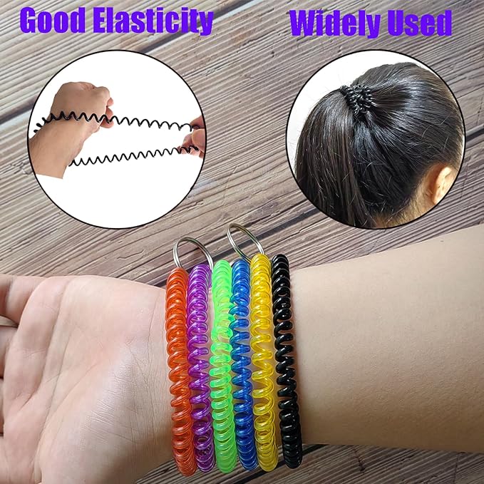 10 Pieces Wrist Coil Keychain Spiral Key Ring, Solid Black | Wristband Bracelet Key Holder for Pool Gym ID Badge