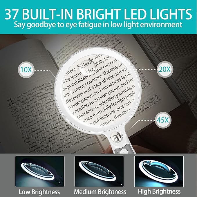 Large Magnifying Glass with 37 LED Light, 10X 20X 45X Handheld Illuminated Lighted Magnifier with 3 Light Modes Rechargeable Magnifying Glass for Seniors Reading, Inspection (White & Grey)