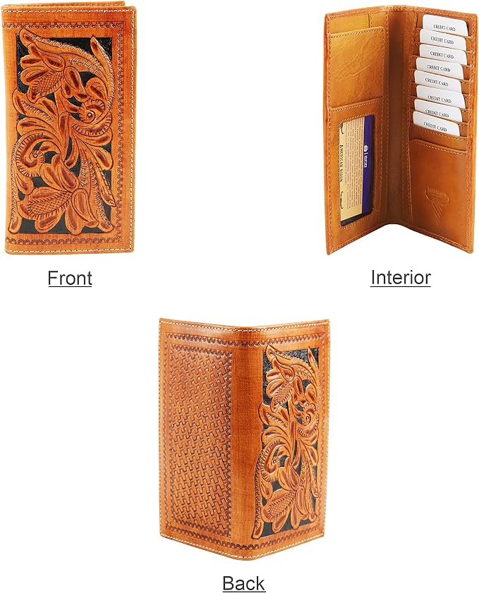 American Bison Arrigo Floral Design RFID Rodeo Wallet for Men – Hand-Tooled Cowhide Leather Wallet with Gift Box (Light Brown)