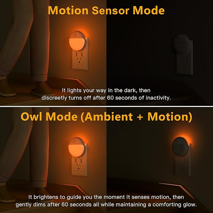 YUNLEX 2 Pack Plug in Sleep Night Light with Motion Sensor and Dusk to Dawn Sensor, 3 Modes, Soft Glow, Stepless Dimming, LED Lights for Bedroom, Sleep, Baby Nursery, Kids, Toddler, Home Decor (Amber)