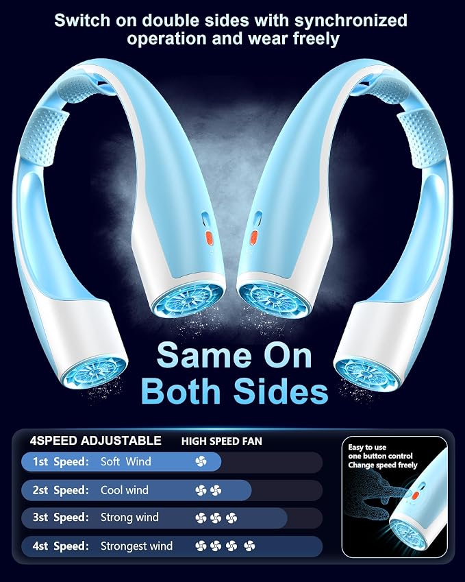 Heelkl AI Neck Fan, 4 Speeds Adjustable Portable Personal Fan Rechargeable, 4000 mAh Battery Faster Cooling Wearable Fan, Ultra Quiet for Home, Office, Travel, Outdoor - White Blue