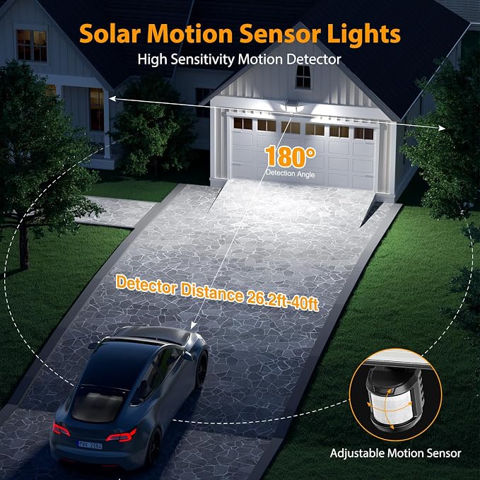 Onforu 4500LM Solar Lights Outdoor, 3 Heads Security Lights with Remote Control, IP65 Waterproof Motion Sensor Lights, 3 Modes Flood Lights for Wall, Porch, Yard, Outside, 3 Pack