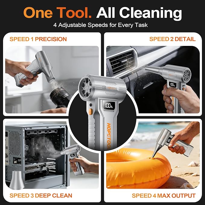 S7 Pro Compressed Air Duster, 150,000 RPM Electric Air Duster with Digital Display & LED Light, Rechargeable Cordless Air Blower, 4-Gear Adjustable for PC, Keyboard, Computer, Car, Home