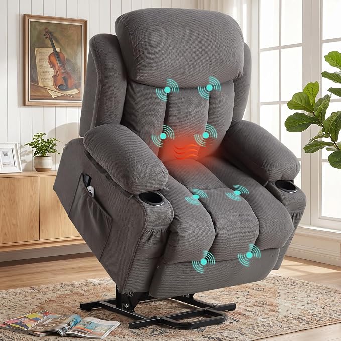 Electric Power Lift Recliner Chair Sofa with Massage and Heat for Elderly,Lift Chair with Cup Holder & Side Pockets for Living Room