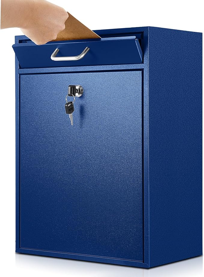 Yaocom Locking Mailbox with Key for Outdoor 18 x 15 x 7 Inches Large Wall Mount Mail Box with Lock Security Mail Drop Metal Collection Boxes Hanging Secure Postbox(Dark Blue)