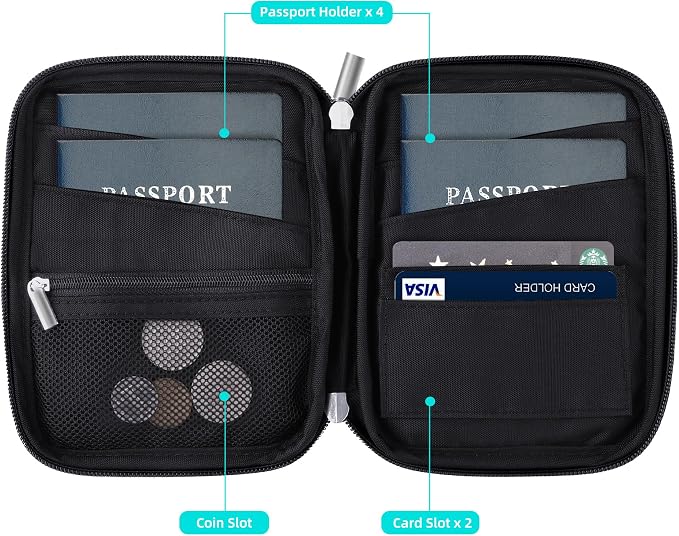 WALNEW Passport Holder Family for 4, RFID Blocking Travel Wallet Women Men, Lightweight Zipper Document Organizer Pouch Bag Credit Cards Case Cover for Travelling, Black | Holds up to 4 Passports, Removable Wrist Strap，Lightweight Zipper Document Organ...