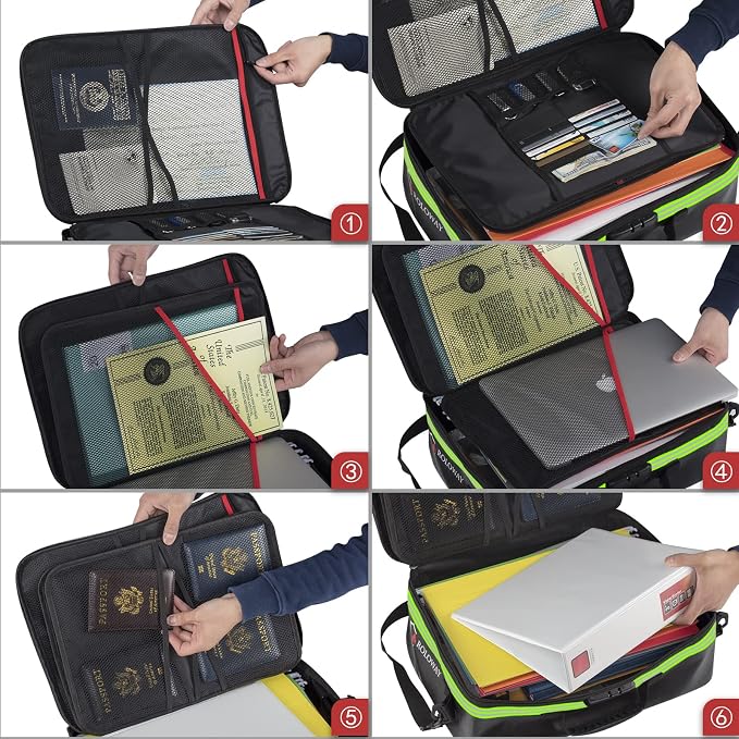 ROLOWAY Fireproof Document Bag with Lock & Reflective Strip (17 x 11.8 x 5 inch), Important Document Storage Bag with Multi-Layer File Organizers (Black)