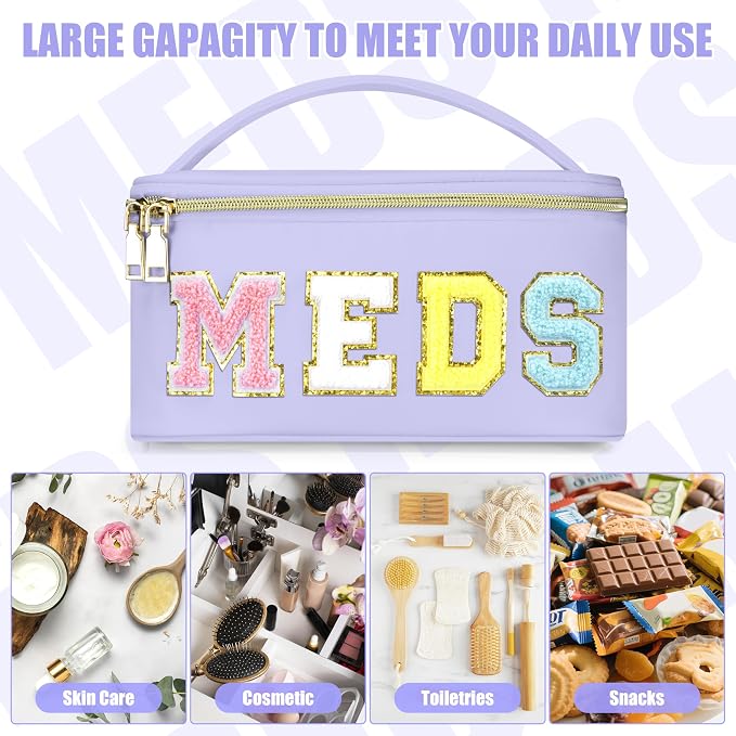 BuyCard Medicines Chenille Letter Bag Nylon Meds Makeup Pouch Preppy Path with Zipper and Handle Cosmetic Toiletry Storage Purse for Women Purple