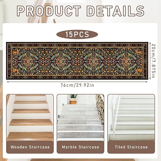 Vintage Floral Stair Treads 15 Pack Washable Flower Stair Runner | 15PCS Flower Peacocks Stair Runners Non Slip Washable, 8x30 Inch Vintage Floral Rug Carpet, Stairs Silicone Backing