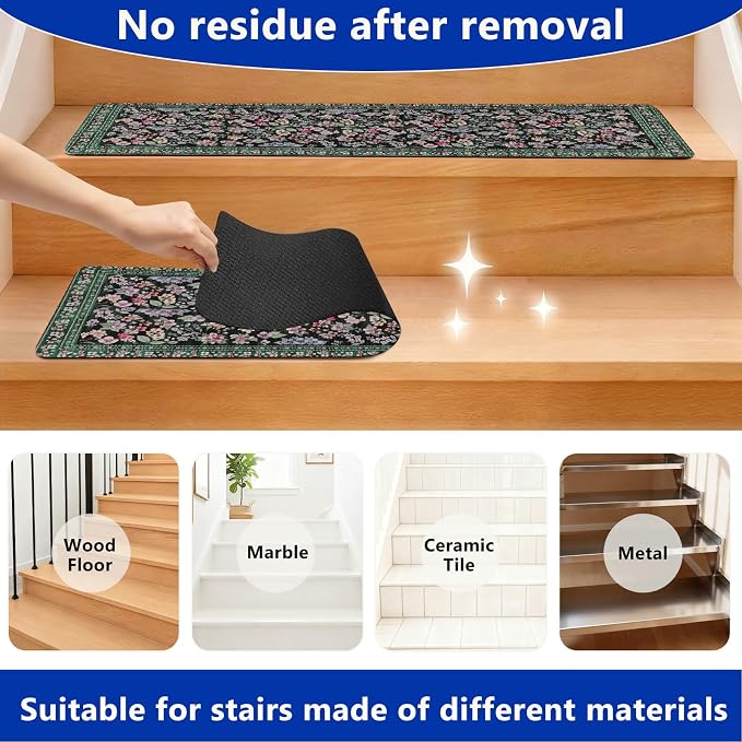 Vintage Floral Stair Treads Non Slip Carpet Stair Treads for Wooden Steps Indoor 15PCS 30"x8" Stair Runner Stair Mats Safety Staircase Step Treads for Elders Kids Dogs Dark Green