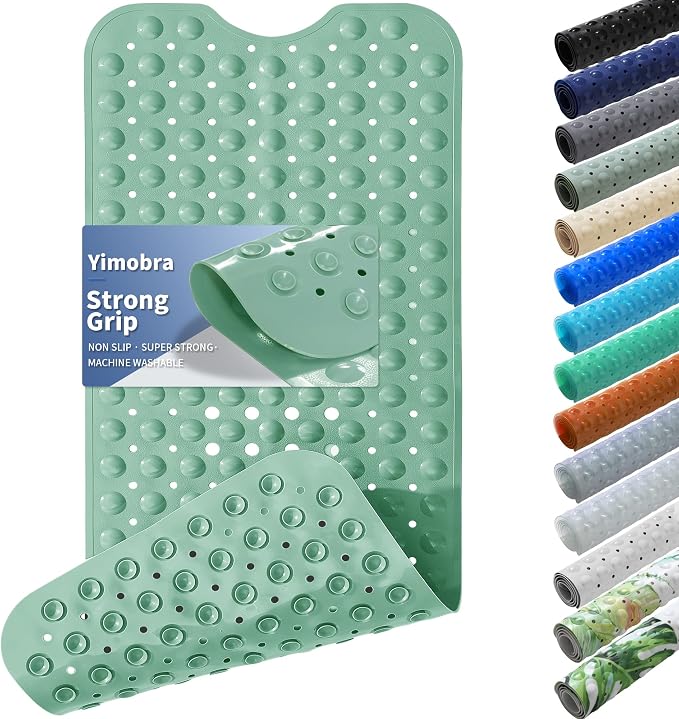 Yimobra Non Slip Bathtub Mat 40 x 16 Inch, Extra Long Shower Mat with Drain Holes, Machine Washable Baby Bath Mats, Strong Suction Cups for Bathroom Floor, Green