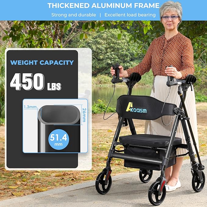 Heavy Duty Upright Walker, Rollator Walkers for Seniors, Foldable Stand Up Rolling Walker with Seat, Adjustable Padded Seat and Handle, Aluminum, All-Terrain Wheels, 450 Lb. Weight Capacity, Grey