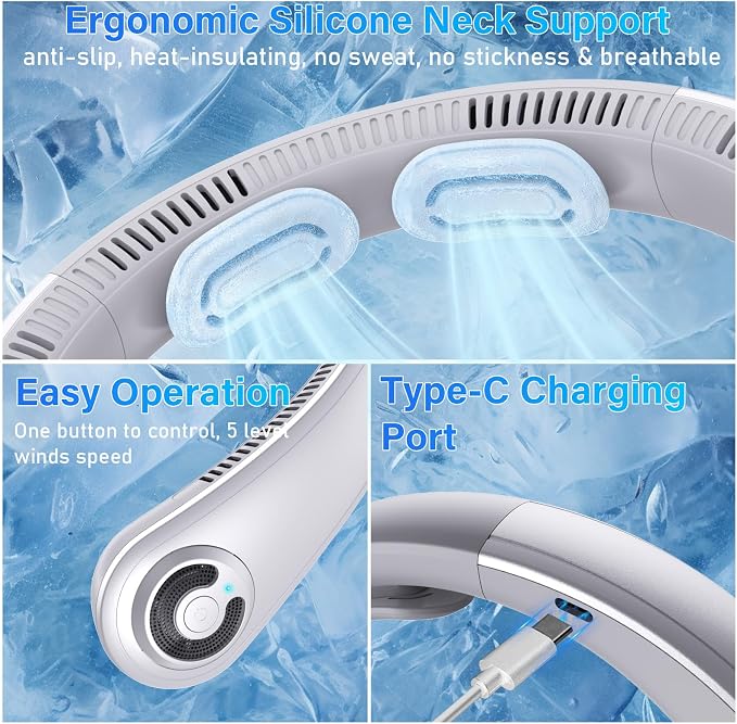 5000mAh Portable Neck Fan, [16H Long Lasting] Bladeless Personal Fan, 5 Speeds Wearable Fan for Neck, Ultra Quiet Rechargeable Cooling Fan for Travel, Outdoor, Hot Flashes, Golf, Office
