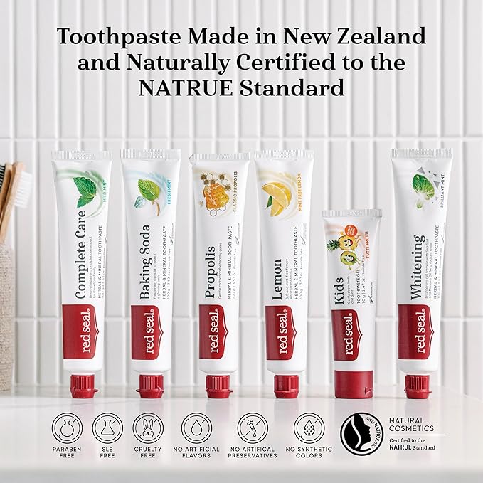 Red Seal Propolis Herbal & Mineral Natural Toothpaste - Mild Mint - Fluoride Free, Organic Toothpaste, NATRUE Certified Natural - Natural Gum Health, No Artificial Flavors, Cruelty-Free, 3.53 oz