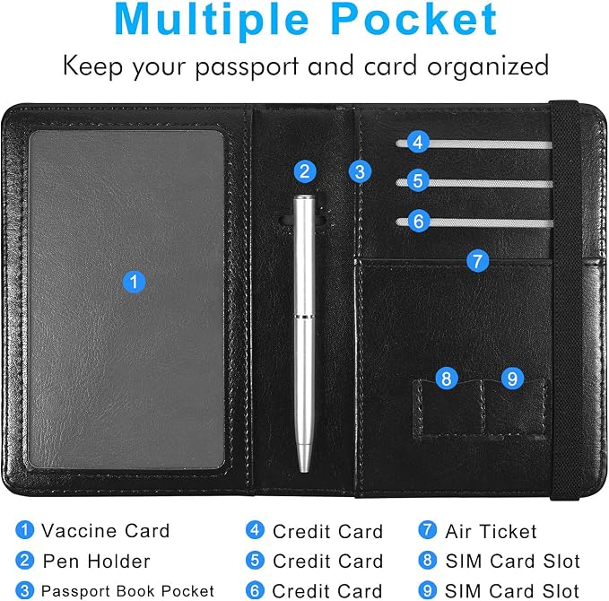 ACdream Unisex Faux Leather Passport and Vaccine Card Holder, RFID Blocking, Black, 20 in
