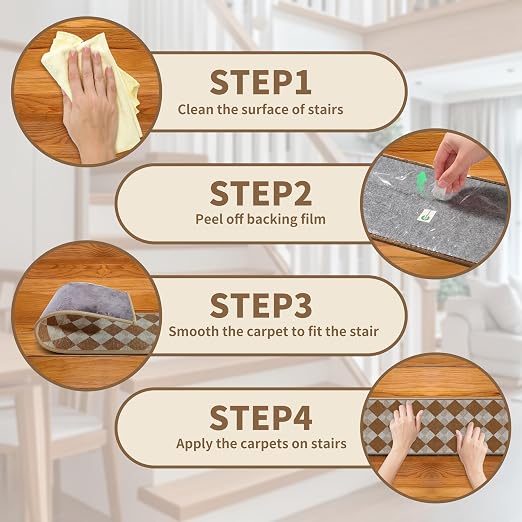 Non Slip Stair Treads for Wooden Steps, 1 Pack 30"x30" Washable Carpet | 30x30 in soft chenille polyester stair treads with reusable TPE backing for indoor wood stairs, dogs, kids, and seniors