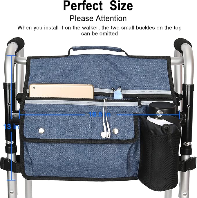Wheelchair Storage Bag, Double-Sided Armrest Pouch with Cup Holder and Reflective Strip, for Wheelchairs and Walkers (Blue)