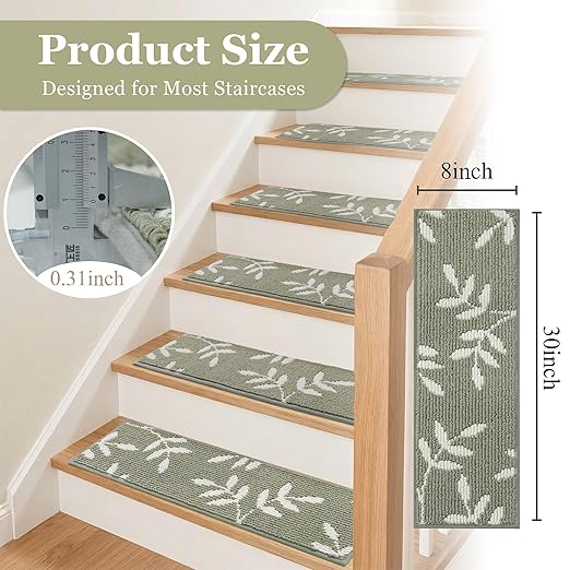 Carpet Stair Treads, Non-Slip Stair Treads for Wooden Steps Indoor | Stair Runner for Pets, Non Skid Staircase Step Treads Washable Reusable, Stair Protectors 30" x8" Set of 15, Green