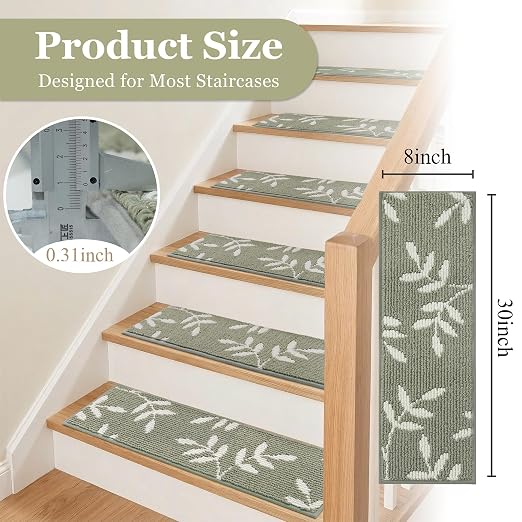 Carpet Stair Treads, Non-Slip Stair Treads for Wooden Steps Indoor | Stair Runner for Pets, Non Skid Staircase Step Treads Washable Reusable, Stair Protectors 30" x8" Set of 4, Green