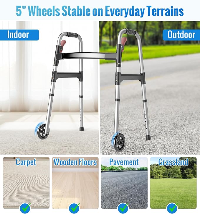 HOMLAND Standard Walkers for Seniors, 6.5lb Lightweight Foldable Walker | One-Hand Folding, 8 Height Adjustments, 350lb Capacity, Easy to Assemble, 2 Skis, 5" Wheels, Aluminum Frame, Frosted Silver