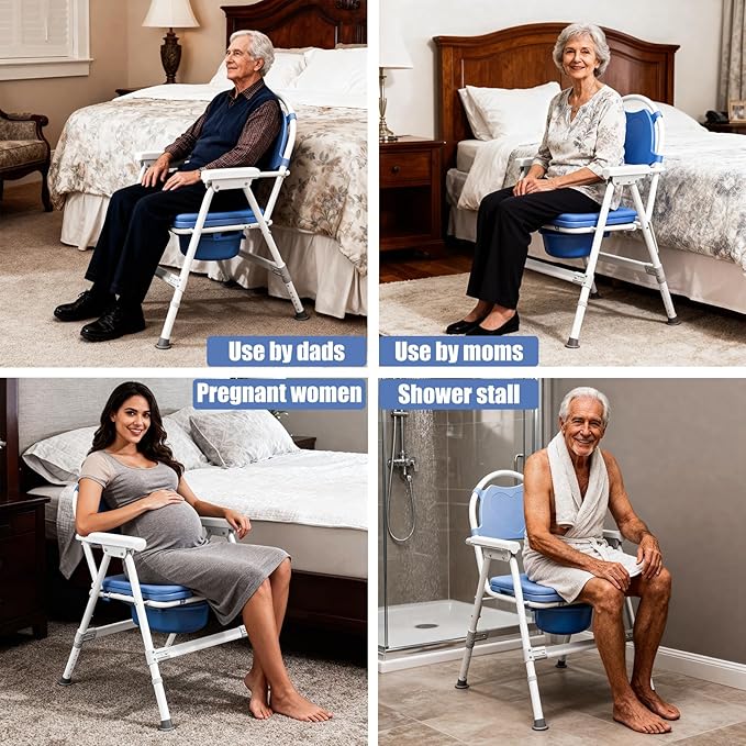 4 in 1 Folding Bedside Commode Chair for Seniors & Disabled - Adjustable Height Adults Potty Chair with Arms, Back & 30 PCS Cleaning Bag for Pregnant Women & Post-Surgery - Supports 360 lbs(ABS Seat)