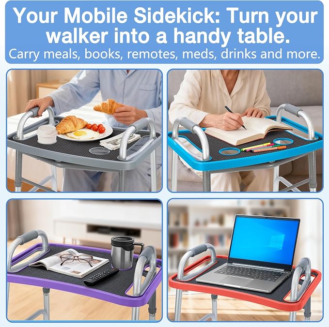 Walker Tray for Seniors with Dual Cup Holders & Side Pouch (Gray) | Durable Food & Drink Table, Lightweight with Non-Slip Pad, Compatible with Walker of 10210-1 Model