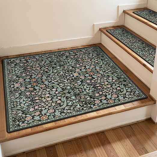 OJIA Floral Stair Treads for Wooden Steps Indoor 31"x31" Landing Mat Black | Non-Slip Stair Runner Carpet Stair Treads Stair Mats Staircase Step Treads for Kids, Elders and Dogs, Stair Covers, Black