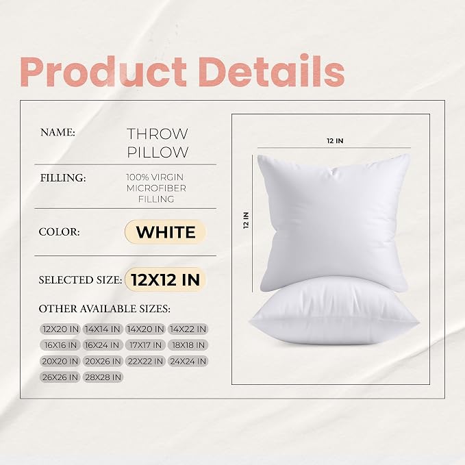 Utopia Bedding 12x12 Pillow Inserts, White Throw Pillows for Couch, 2 Pack | Indoor cushion inserts for bed, sofa & couch, Supportive & fluffy decorative pillows for everyday comfort, Set of 2, White