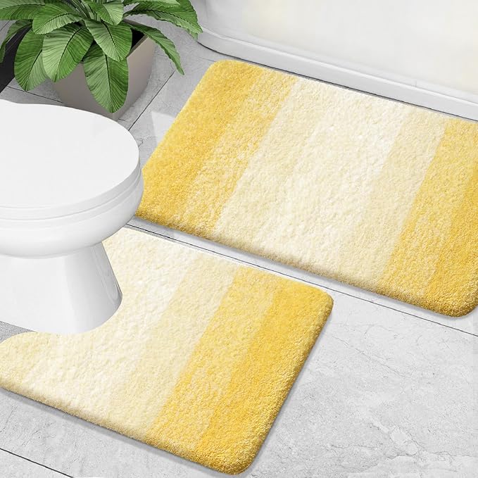OLANLY Bathroom Rug Set 2 Piece, Soft Absorbent Microfiber Bath Mats and U-Shaped Contour Toilet Rug, Non-Slip, Machine Wash Dry, Plush Shaggy Bath Mats for Bathroom (24"x16"+U24 x20, Yellow)