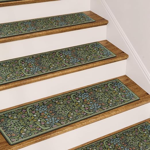 OJIA Non-Slip Stair Runner for Wooden Steps 4PCS 30"x8" Carpet Stair Treads | Indoor Floral Stair Treads Carpet Stair Mats Staircase Step Treads for Kids, Elders and Dogs, Stair Covers, Green