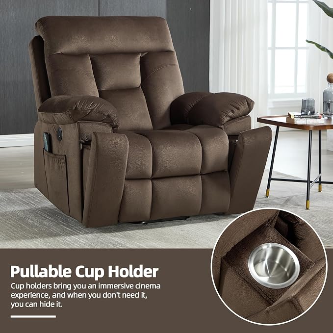 Large Power Lift Recliner Chair with Massage and Heat for Elderly Big and Tall People, Overstuffed Wide Recliners with 2 Cup Holders, Side Pocket and USB Port, Dark Brown