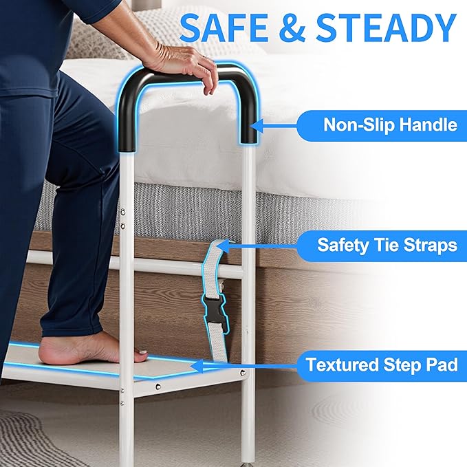 Bed Step Stool for Adults, Bedside Steps for Elderly Seniors with Non-Slip Handle & LED Light, Stable Assist Rail for High Beds with Storage Bag