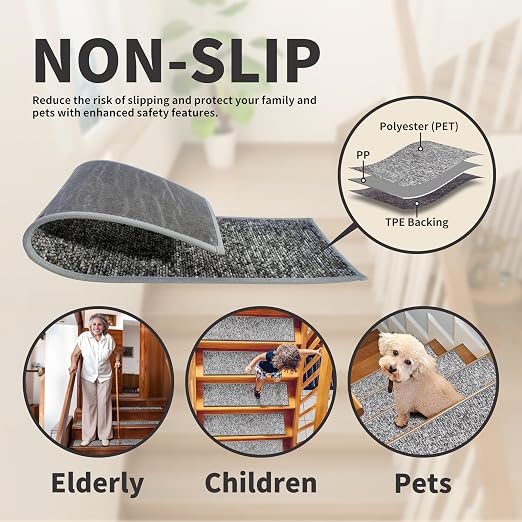 Non-Slip Carpet Stair Treads 1PCS, 30"x30" Peel and Stick Stair Runner for Wooden Steps Indoor, Washable Reusable Adhesive Backing, Pet-Friendly Safety Mats for Kids, Elders, Dogs