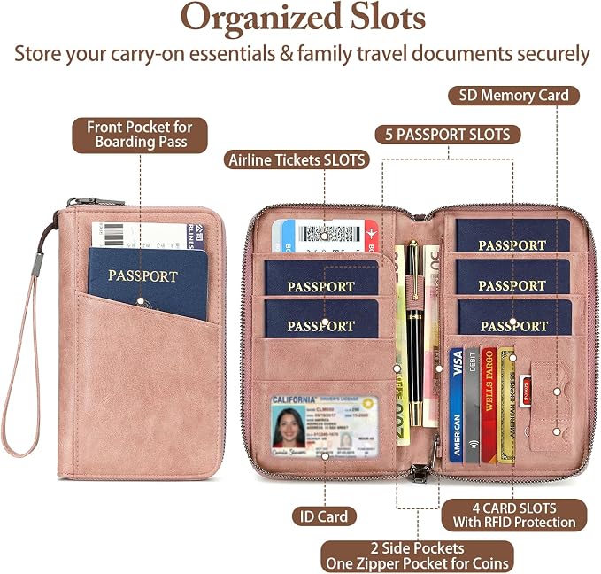 Family Passport Holder for Travel Women and Men Multiple RFID blocking Passport Holder MultiFunction Passport Wallet Passport Case Passport cover with Zipper