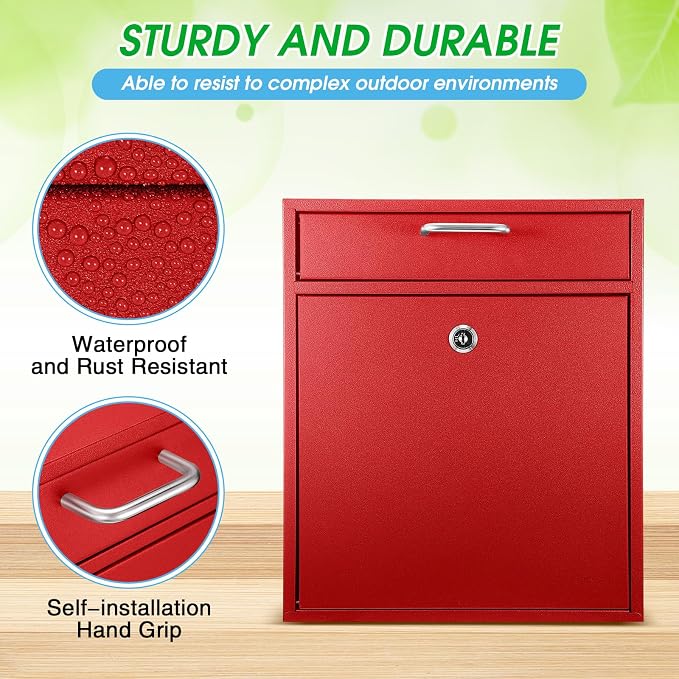 Yaocom Locking Mailbox with Key for Outdoor 12 x 10.5 x 4.7 Inches Large Wall Mount Mail Box with Lock Security Mail Drop Metal Collection Boxes Hanging Secure Postbox(Red)