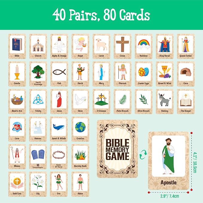 Hebayy Bible-Themed Matching Game, 80 PCS Bible Concentration Memory Cards for Christian 40 Pairs Biblical Character Cards Educational Toys for Kids, Adults