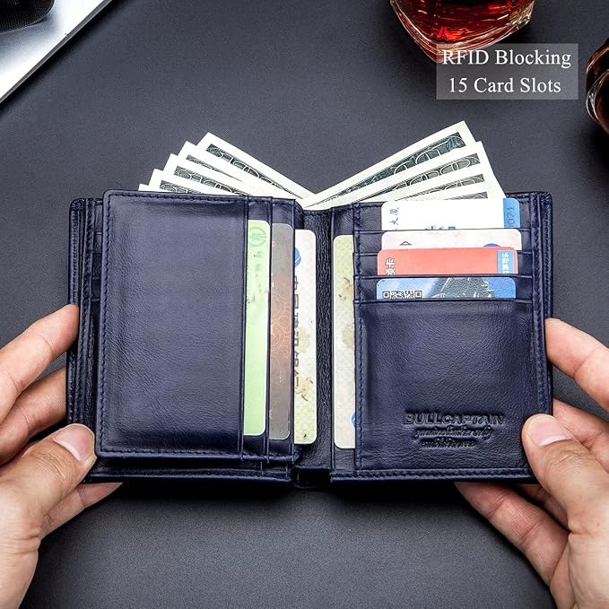 BULLCAPTAIN Large Capacity Genuine Leather Wallet for Men QB-027 | Bifold Wallet,RFID Blocking,Credit Card Holder,15 Card Slots,Special Expandable Design,gift choice