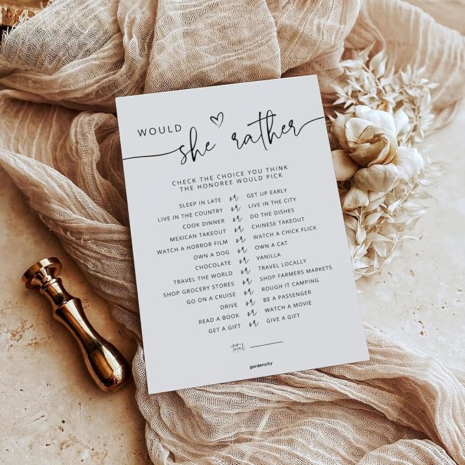 50 Would She Rather Bridal Shower Game Cards, Baby Shower Games, 50 Guests, Minimalist White