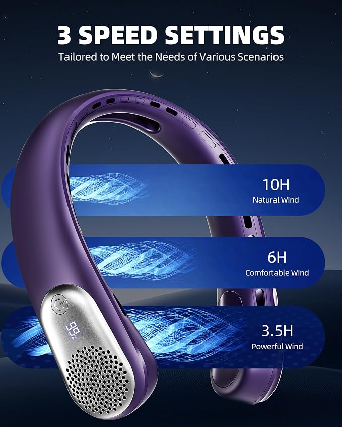 Neck Fan, Portable 4000 mAh Battery Operated Personal Fan with LED Display, 3 Wind Speed, Fast Cooling, Fast Cooling,USB Rechargeable Fan for Women Outdoor Purple