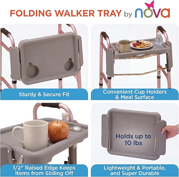 NOVA Folding Walker Tray Accessory – Flip-Up Walker Tray with 2 Cup Holders for Food, Drinks & Personal Items – No-Tool Installation – Easy Up/Down Mobility Tray for Standard Walkers