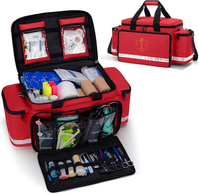 Trunab Trauma Bag with Dividers, EMT First Aid Pouch Medical Bag Empty,Red | No-Scratch Bottom, Ideal for EMS/Paramedics, Empty Bag for Customizable Layout