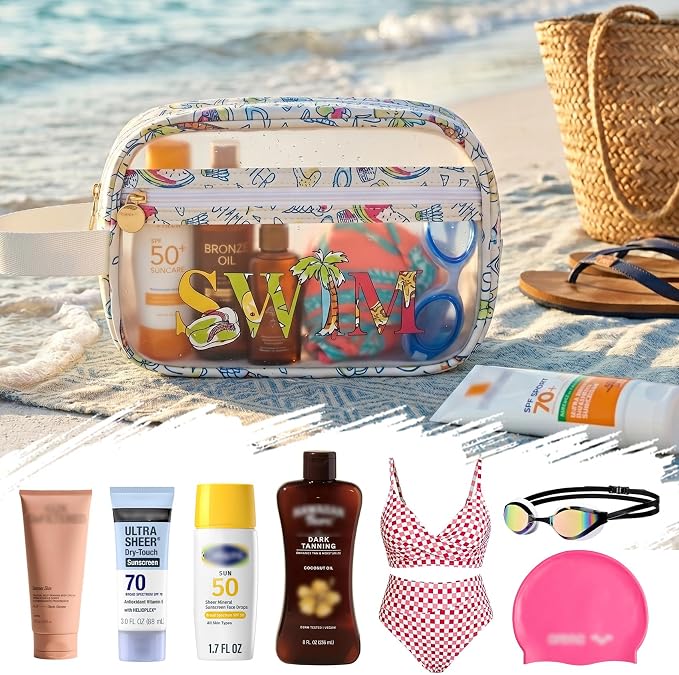 COSHAYSOO Clear SWIM Bag Swimming Pool Day Accessories for Women Teen Girls Bikini Swimsuit Goggle Cap Sunscreen Hair Makeup Organizer, Cute Swimmer Team Gifts Travel Waterproof Small Pouch, Tropical