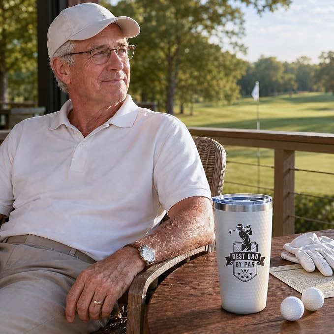 Golf Gift for Dad - Funny Golf Dads Gifts from Daughter Son Kids, Best Dad By Par Tumbler for Men Golfers Golf Lovers, Unique Golf Coffee Mug Cup for Fathers Day Christmas Birthday - Dimpled 20oz