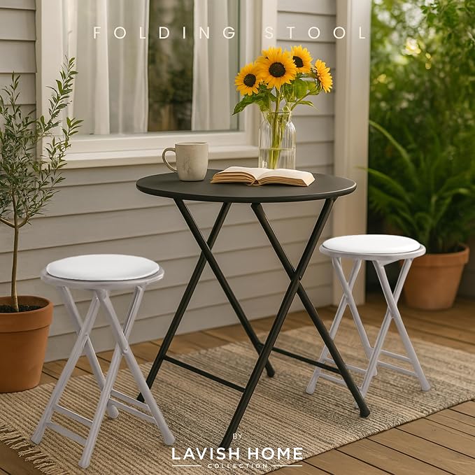 Lavish Home Folding Stool with Padded Backless Seat Set of 2, White, 24” | Counter Height Bar Stools with 225lb Capacity, Portable Indoor & Outdoor, Extra Seat for Kitchen, Rec Room or Camping
